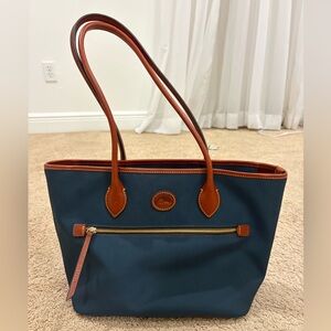 Dooney & Bourke Nylon Tote Navy Blue Brown Leather Trim Zip Top Bag Red Lining